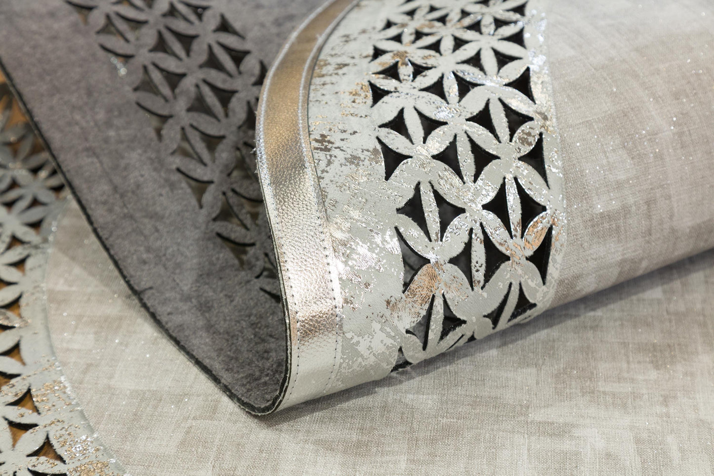 5x7ft, Oval Laser Cut Faux Leather Rug – Turkish Artificial Leather Carpet with Geometric Border