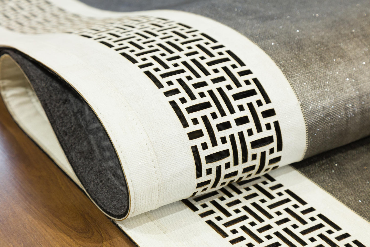 Laser Cut Faux Leather Rug: Modern Geometric Border, Turkish Floor Decor (5x7ft)