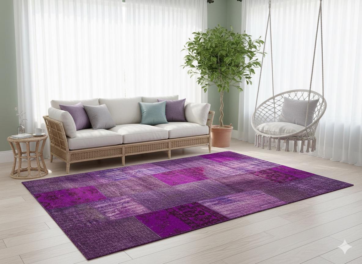 Handmade Purple Patchwork Rug: Bohemian Wool Area Rug (5'x8' ft)