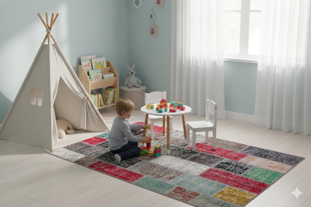 Handmade Wool Patchwork Rug: Bohemian Turkish Area Rug (5.6x7.7 ft)