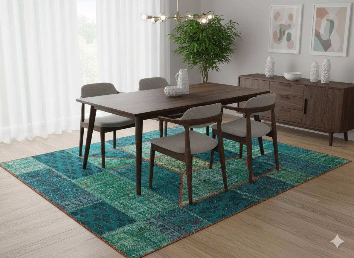 Handmade Wool Turkish Patchwork Rug: Vintage Green Area Rug (6x8)