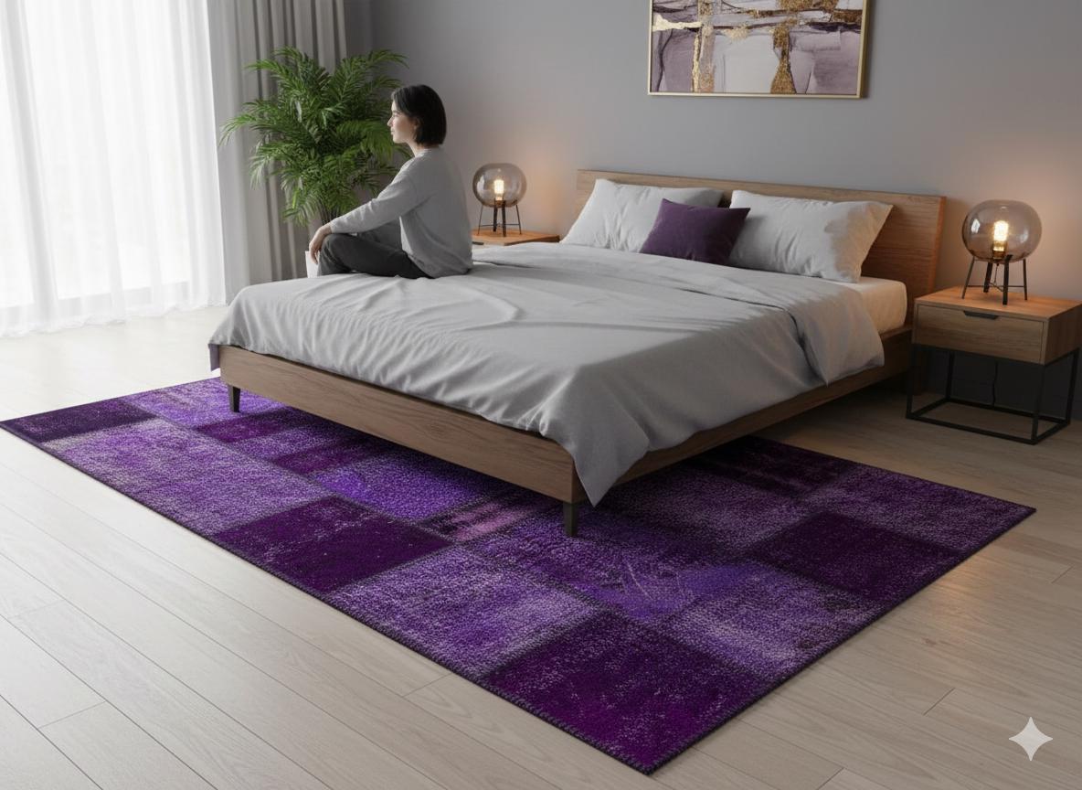 Handmade Wool Turkish Patchwork Rug: Purple Vintage Carpet (5.6x8)