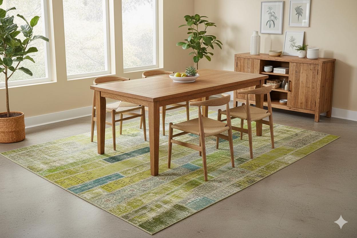 Handmade Wool Turkish Patchwork Rug: Green Vintage Area Rug (8.2x11.5)
