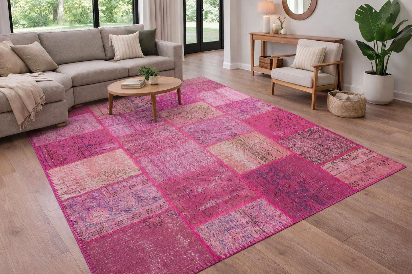 Handmade Pink Patchwork Rug: Bohemian Wool Area Rug (5.6x7.7ft)