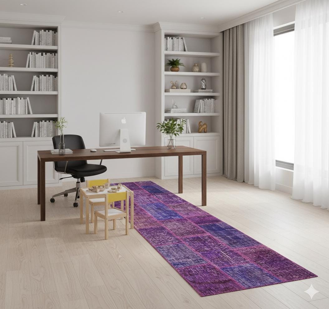 Handmade Purple Patchwork Runner Rug: Bohemian Wool Carpet (2.6x9.8 ft)