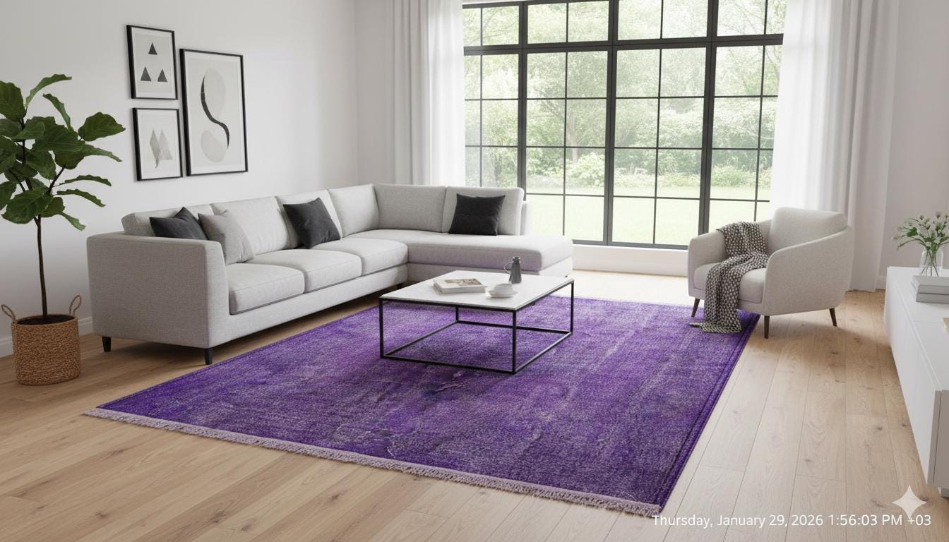 Vintage Purple Wool Rug: Handmade Eclectic Turkish Carpet (4'9''x8'2'')