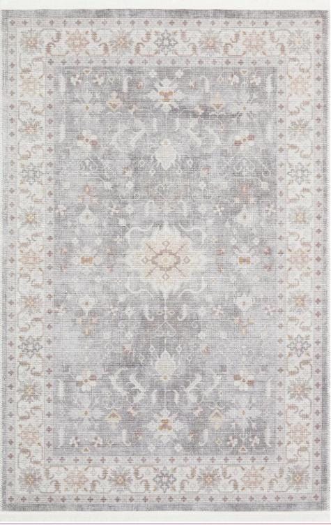 Gray Turkish Style Rug: Floral Medallion, Ivory Border
