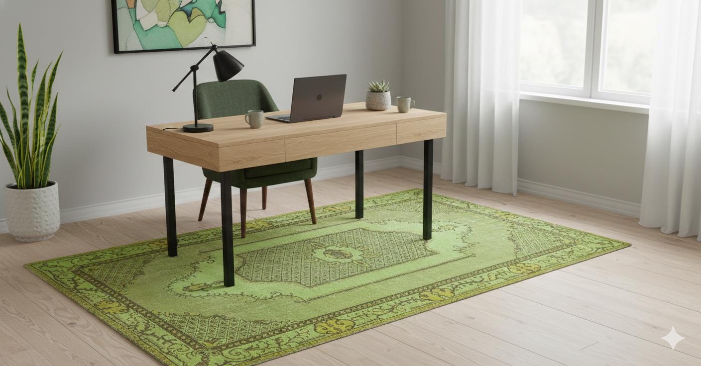Vintage Green Wool Rug: Handmade Nursery Carpet (5'6"x10'ft)