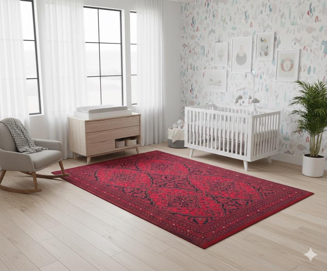 Vintage Red oriental Afghan Rug: Washable Red Carpet with Tassels