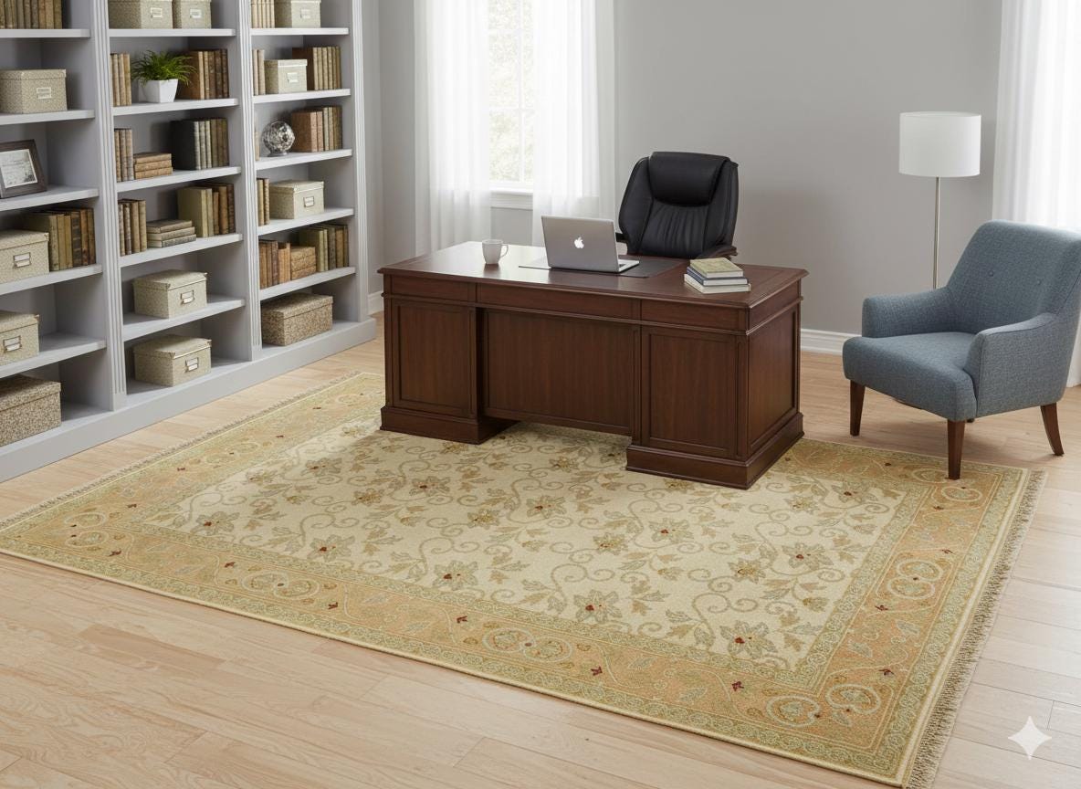 Vintage Turkish Wool Rug: Handmade Beige Floral Carpet (5.70 ft x 7.48 ft)