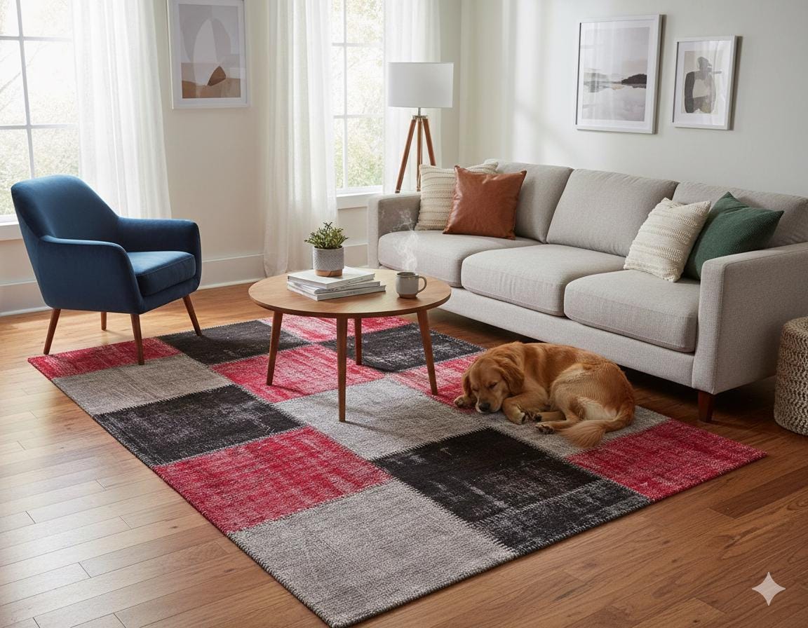 Handmade Wool Patchwork Turkish Rug: Bohemian Area Rug (4.6x6.6 ft)