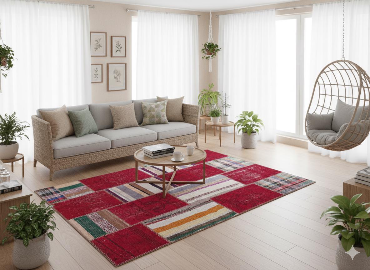 5.6x8, Handmade Wool Turkish Patchwork Rug – Vintage, Bohemian, One-of-a-Kind Area Rug