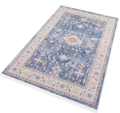 Blue Turkish Style Rug: Oriental Area Carpet with Ivory Border