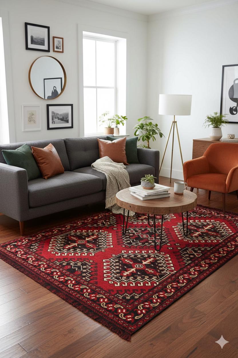 Red & Blue Washable oriental Afghan Rug: Vintage Farmhouse Style