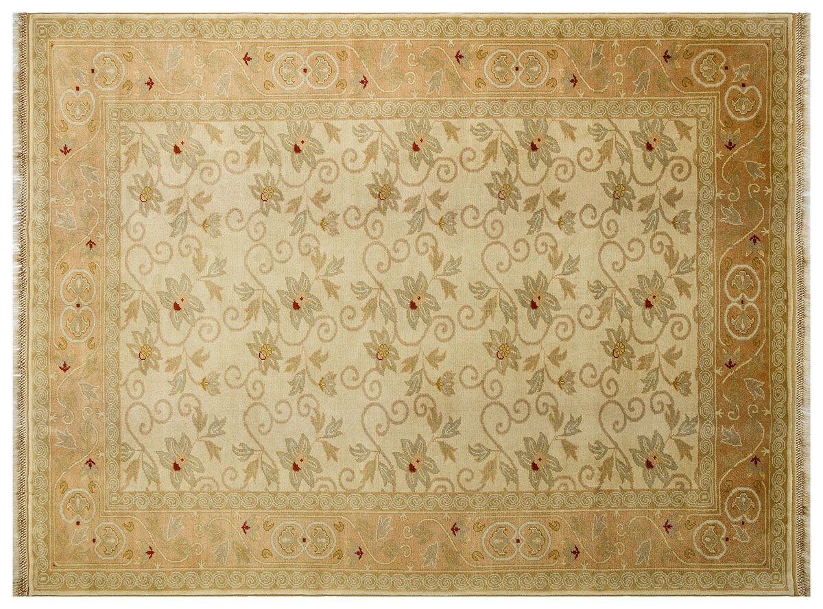 Vintage Turkish Wool Rug: Handmade Beige Floral Carpet (5.70 ft x 7.48 ft)
