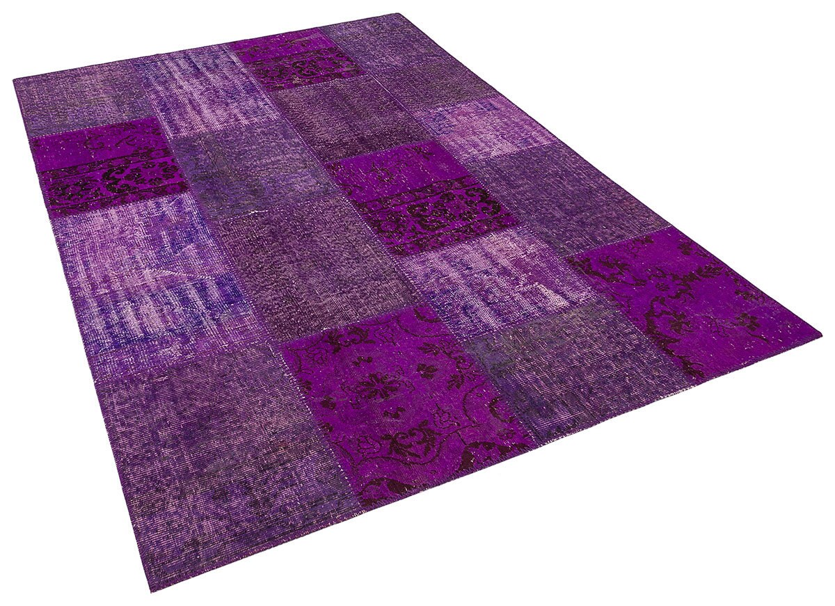 Handmade Purple Patchwork Rug: Bohemian Wool Area Rug (5'x8' ft)
