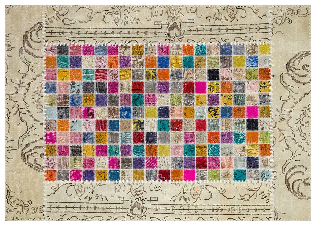 Handmade Patchwork Wool Turkish Rug - 5'x8' Bohemian Area Rug