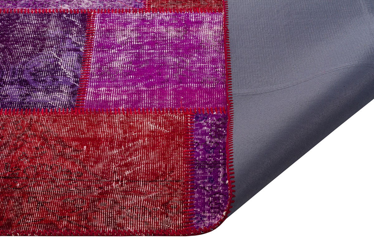 Handmade Purple Patchwork Wool Rug - Bohemian Turkish Rug (6'8''x7'7'')