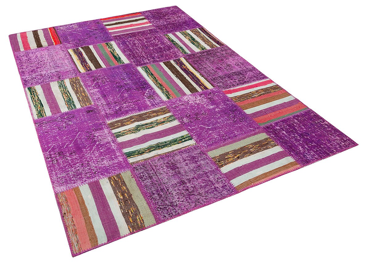 Handmade Purple Patchwork Rug: Bohemian Wool Area Rug (5'x8' ft)