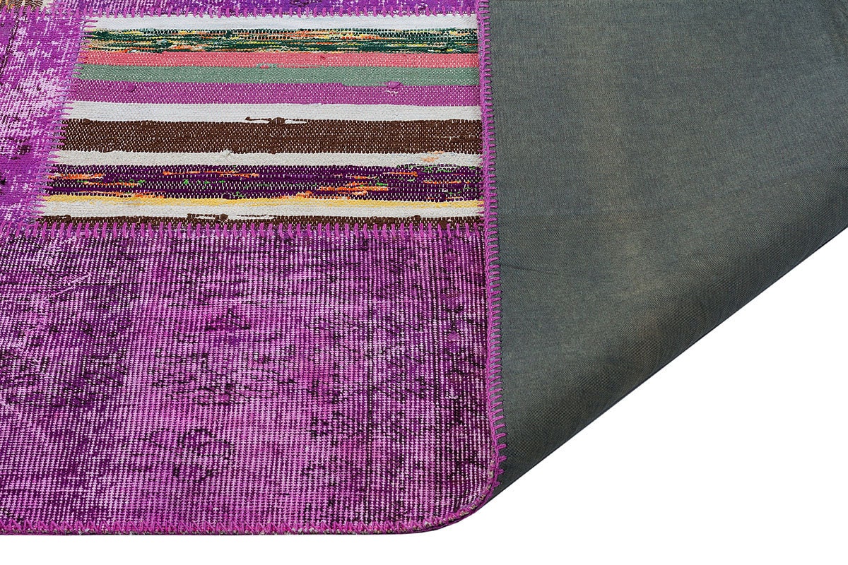 Handmade Purple Patchwork Rug: Bohemian Wool Area Rug (5'x8' ft)