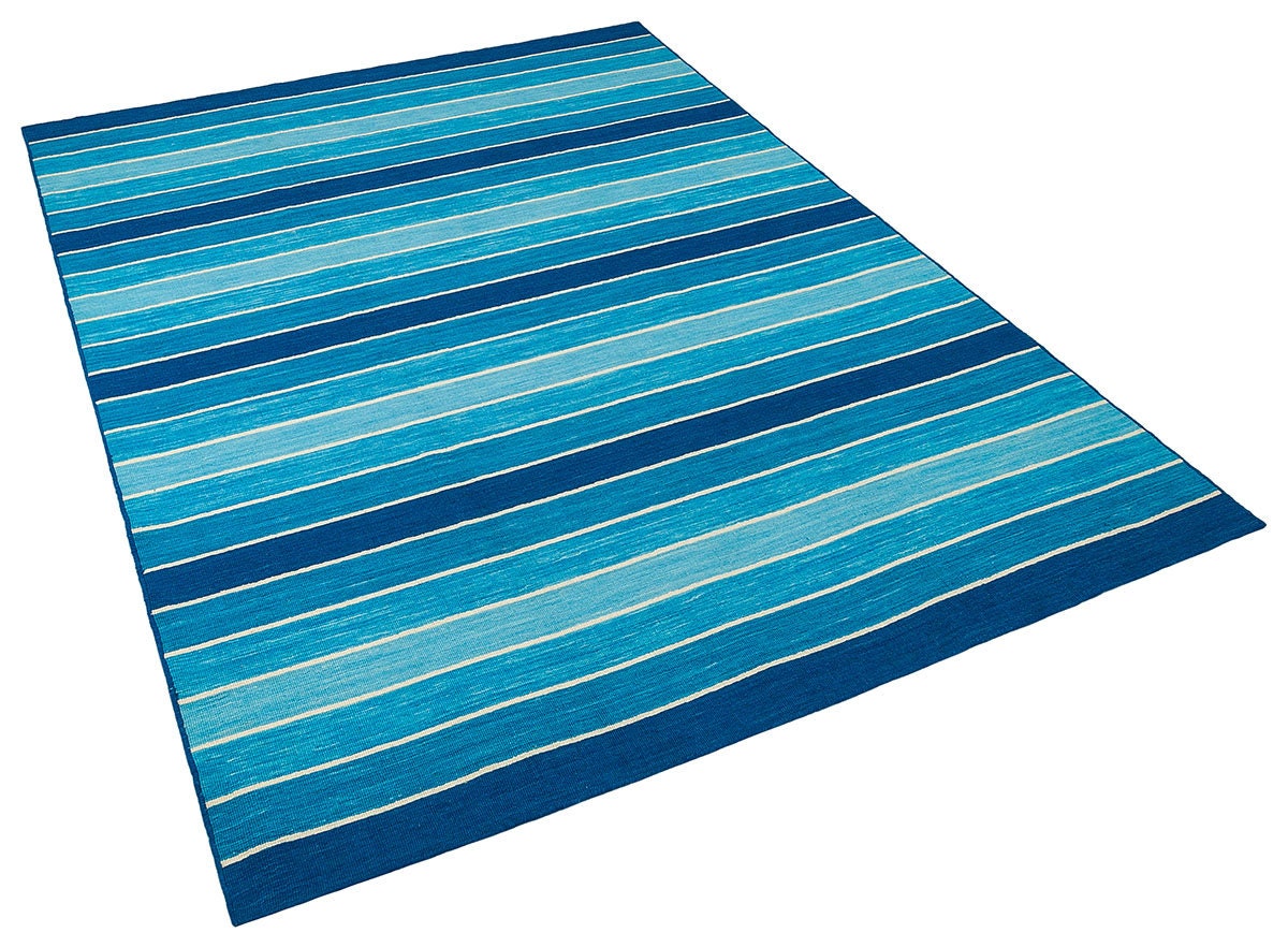 Hand Woven Turkish Kilim Rug: Blue Stripe Bohemian Style