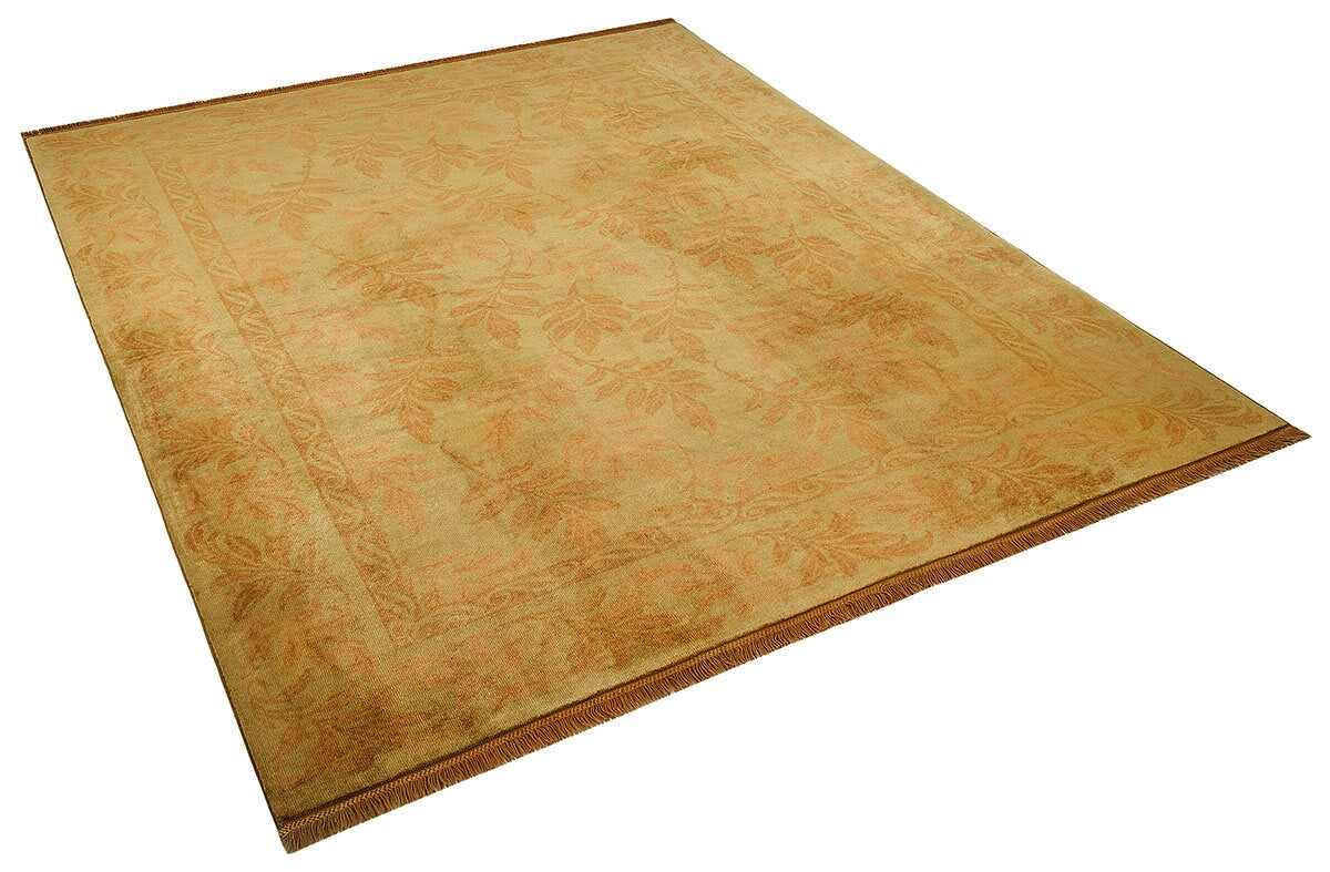 Vintage Turkish Wool Rug: Handmade Green Floral Carpet (6.66 ft x 8.16 ft)