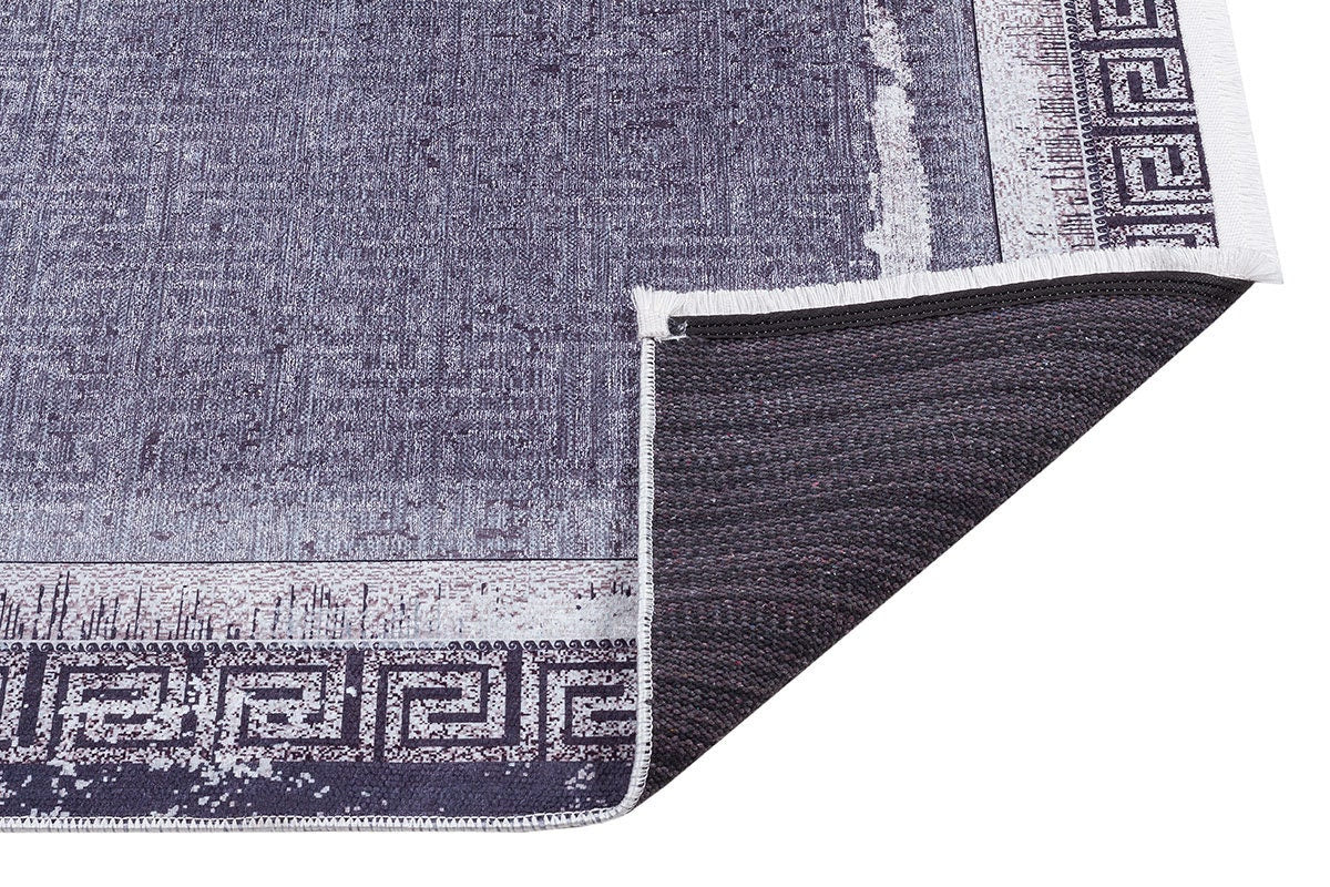 Distressed Persian Style Rug – Blue Grey Greek Key Border, Washable Boho Carpet