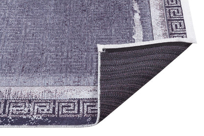 Distressed Persian Style Rug – Blue Grey Greek Key Border, Washable Boho Carpet