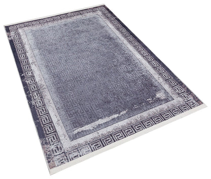 Distressed Persian Style Rug – Blue Grey Greek Key Border, Washable Boho Carpet