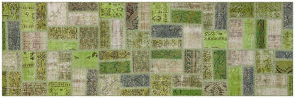 Handmade Green Patchwork Wool Runner Rug - 3.1x9.7 ft