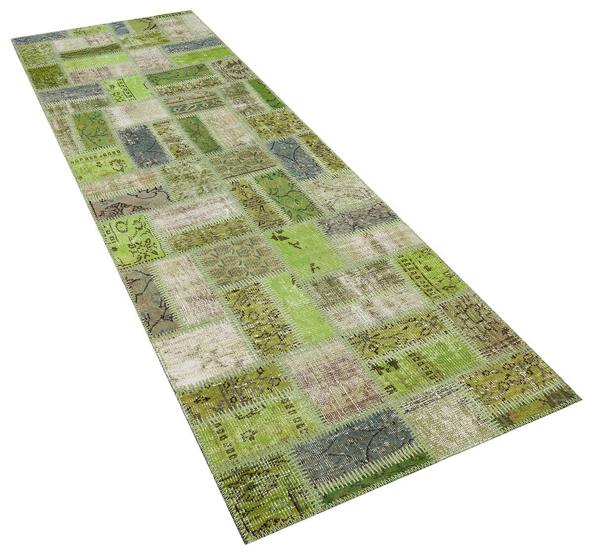 Handmade Green Patchwork Wool Runner Rug - 3.1x9.7 ft