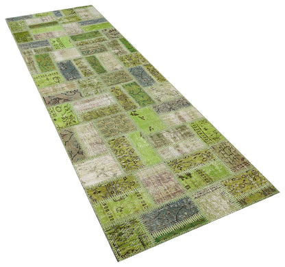 Handmade Green Patchwork Wool Runner Rug - 3.1x9.7 ft
