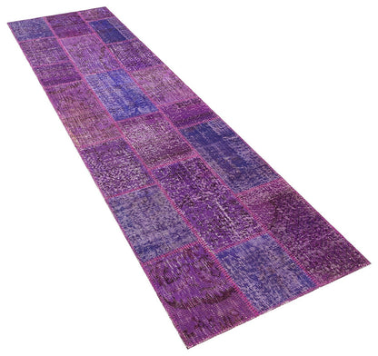 Handmade Purple Patchwork Runner Rug: Bohemian Wool Carpet (2.6x9.8 ft)