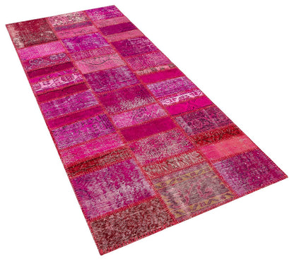 Handmade Pink Patchwork Runner Rug: Bohemian Wool Turkish Rug (3.5x7.9 ft)