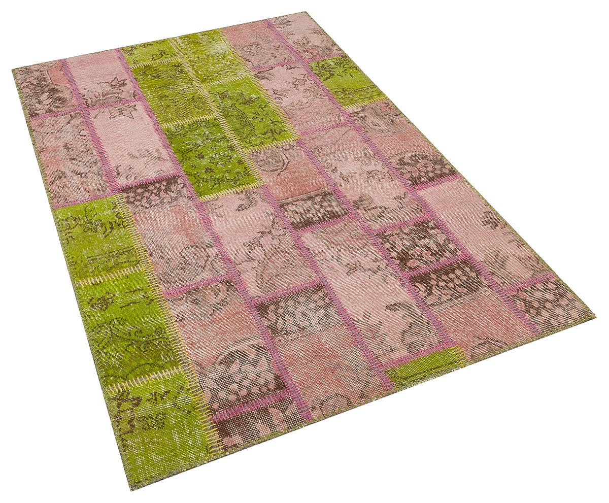 One of a Kind Pink & Green Wool patchwork Rug