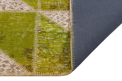 Green Patchwork Wool Rug: Bohemian Handmade Area Rug (5.6x8.4 ft)