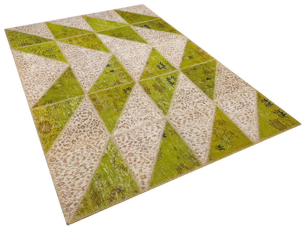 Green Patchwork Wool Rug: Bohemian Handmade Area Rug (5.6x8.4 ft)
