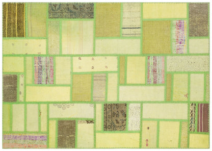 Handmade Green Patchwork Rug: 100% Wool Turkish Area Rug (3.9x5.6 ft)