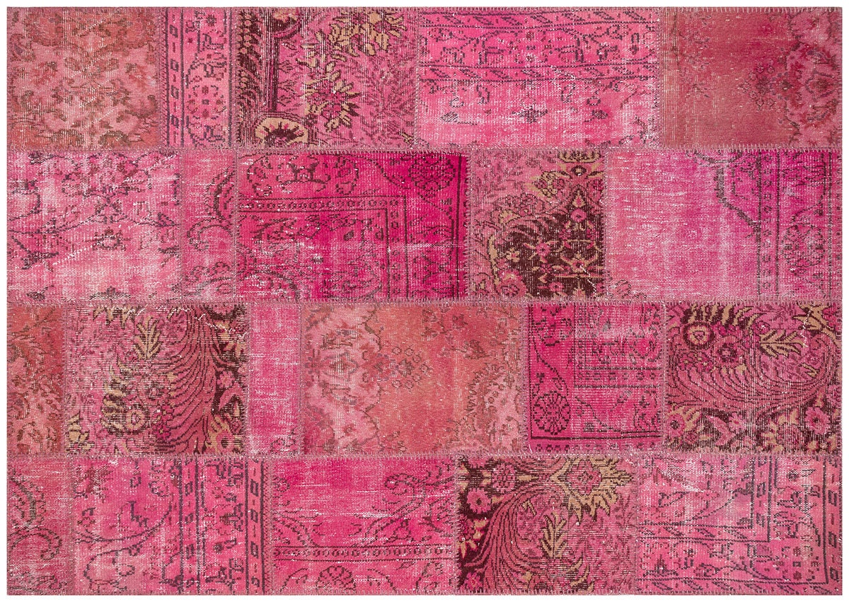 Pink Patchwork Rug: Handmade Bohemian Anatolian Wool Carpet (5.6x7.9 ft)
