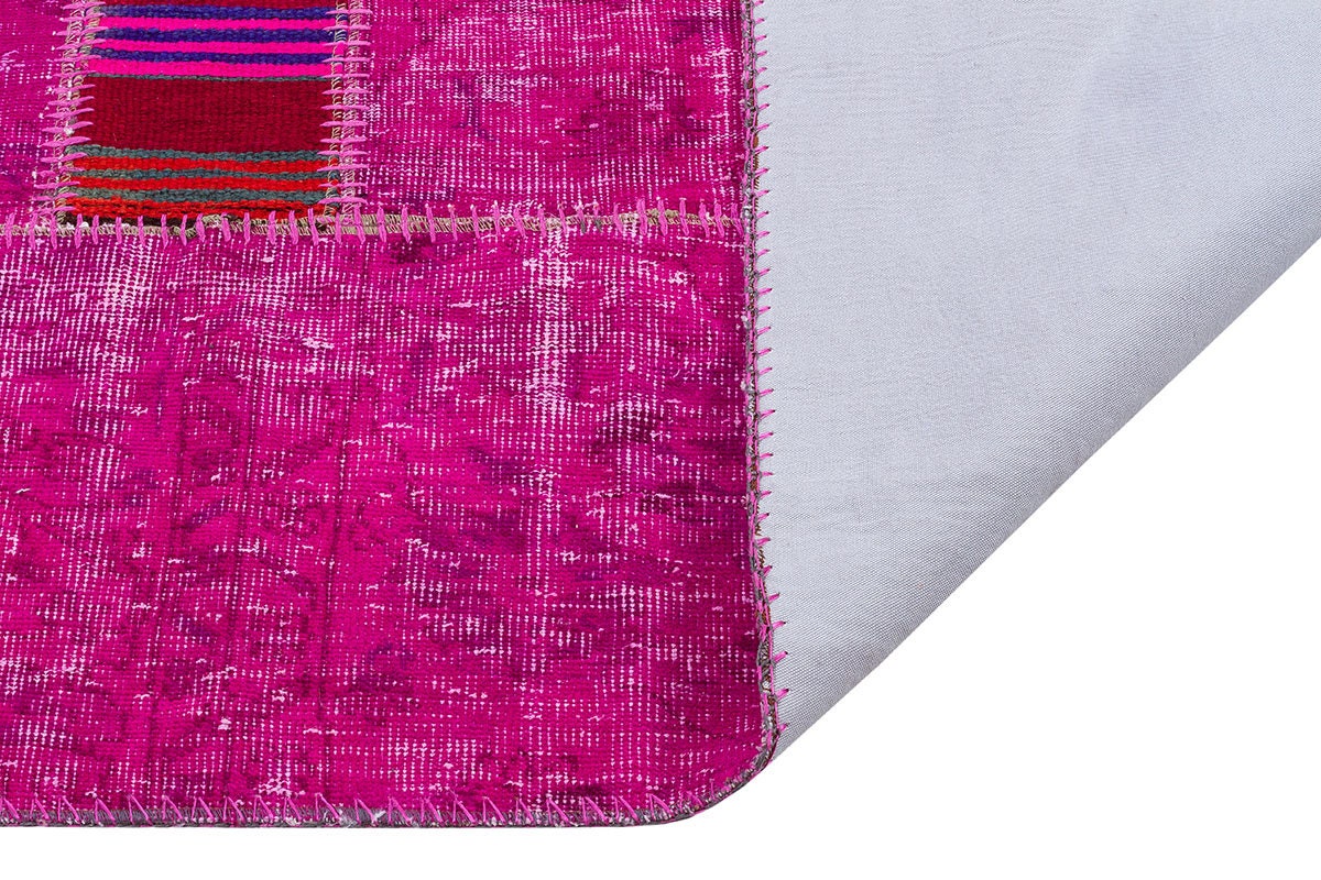 Handmade Pink Patchwork Rug: Bohemian Wool Anatolian Carpet (5.2x7.5 ft)