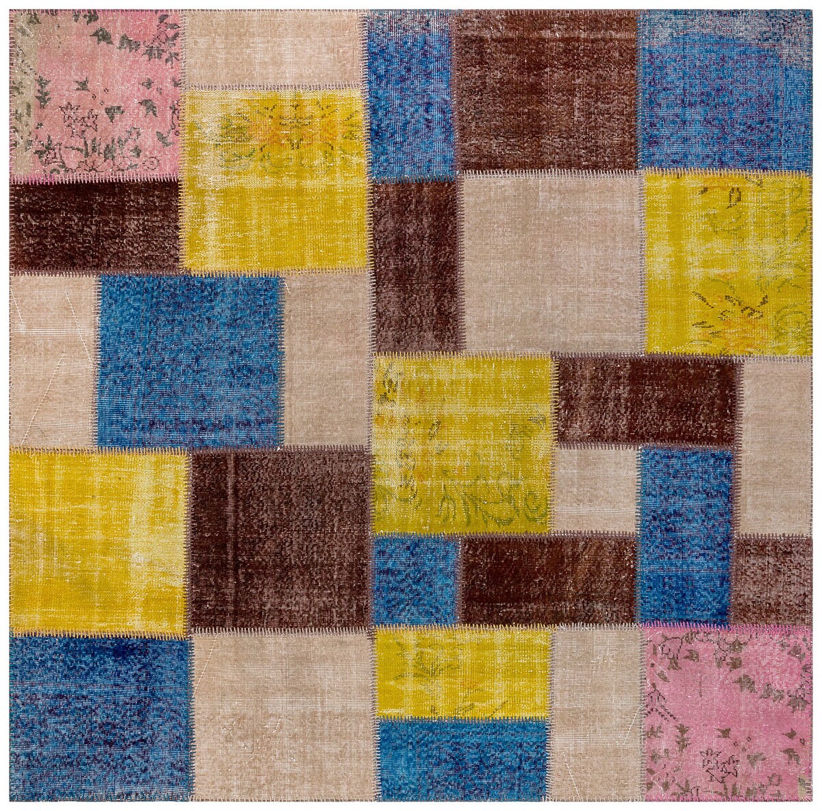 Handmade Wool Patchwork Rug: 7.5x7.5 ft Square Anatolian Rug