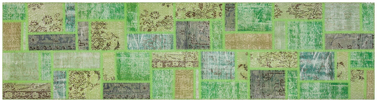 Handmade Green Patchwork Wool Rug: Bohemian Runner (2.6x9.7 ft)
