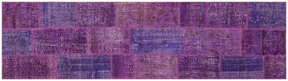 Handmade Purple Patchwork Runner Rug: Bohemian Wool Carpet (2.6x9.8 ft)
