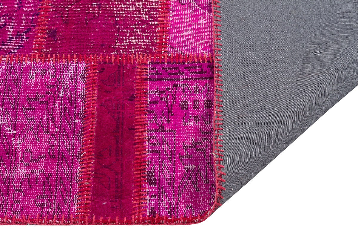 Handmade Pink Patchwork Runner Rug: Bohemian Wool Turkish Rug (3.5x7.9 ft)