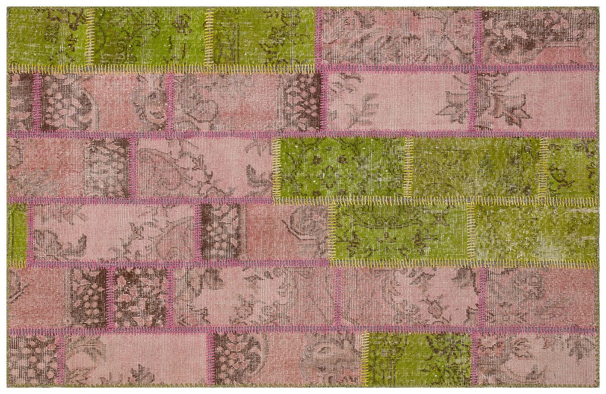 One of a Kind Pink & Green Wool patchwork Rug