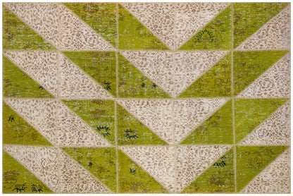 Green Patchwork Wool Rug: Bohemian Handmade Area Rug (5.6x8.4 ft)