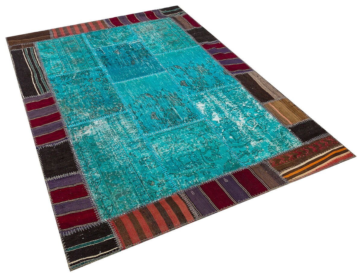 Handmade Wool Patchwork Turkish Rug: 5.2x7.5 ft, Bohemian Area Rug