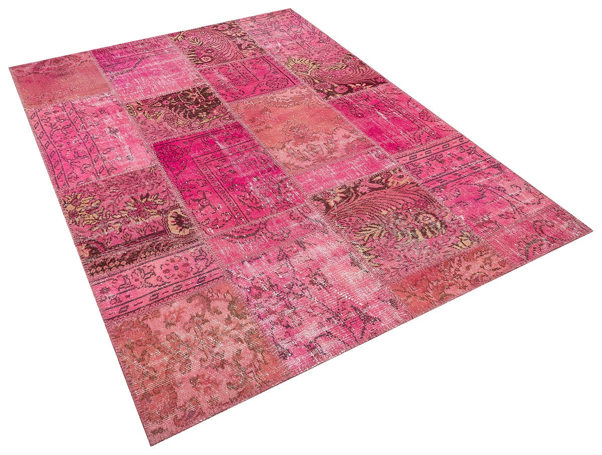 Pink Patchwork Rug: Handmade Bohemian Anatolian Wool Carpet (5.6x7.9 ft)