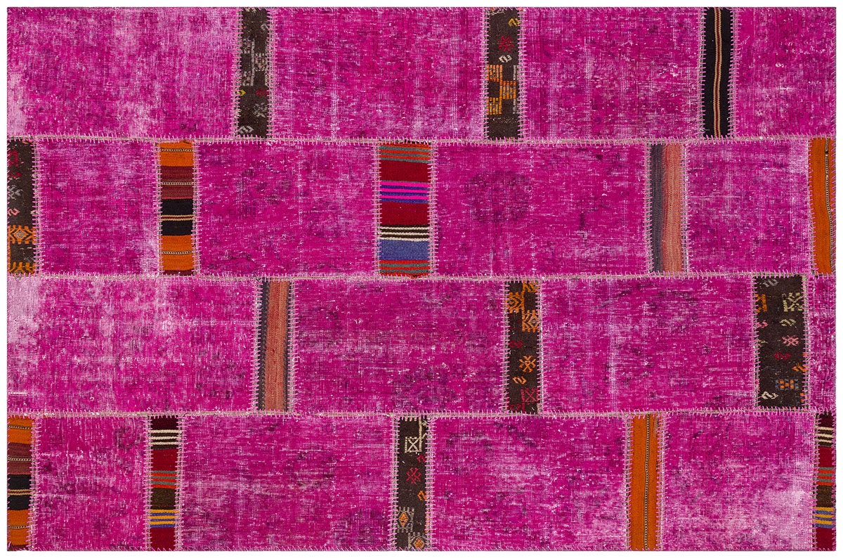 Handmade Pink Patchwork Rug: Bohemian Wool Anatolian Carpet (5.2x7.5 ft)
