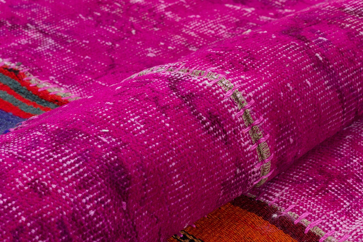 Handmade Pink Patchwork Rug: Bohemian Wool Anatolian Carpet (5.2x7.5 ft)